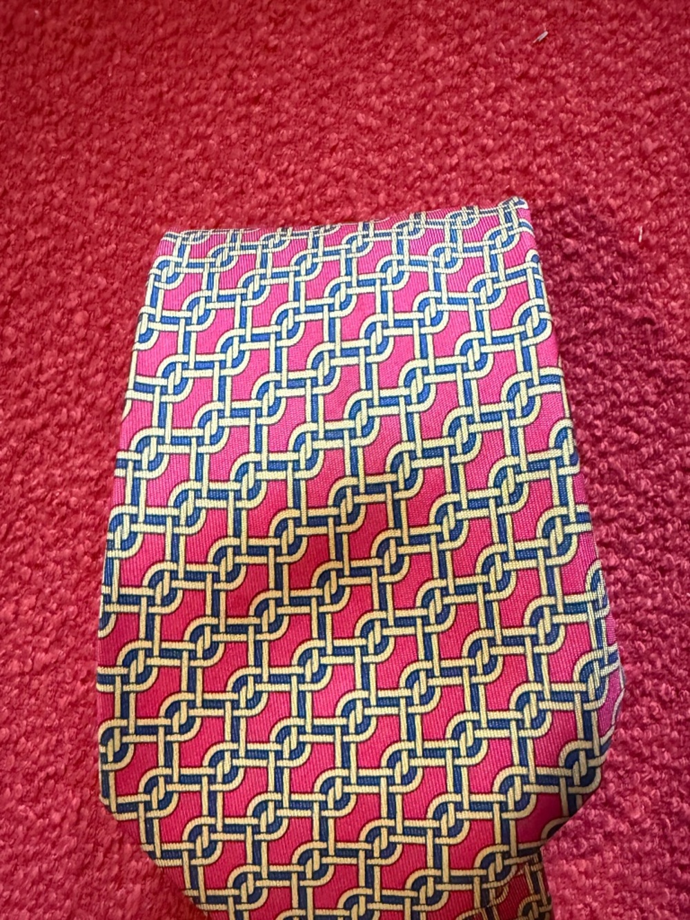 HERMES VINTAGE LATTICE DESIGN TIE HIGH END FRANCE RED GOLD NAVY BLUE